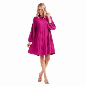 Women’s Hot Pink Long Sleeve Tiered Mini Dress – Puff Sleeve Babydoll Swing Dress